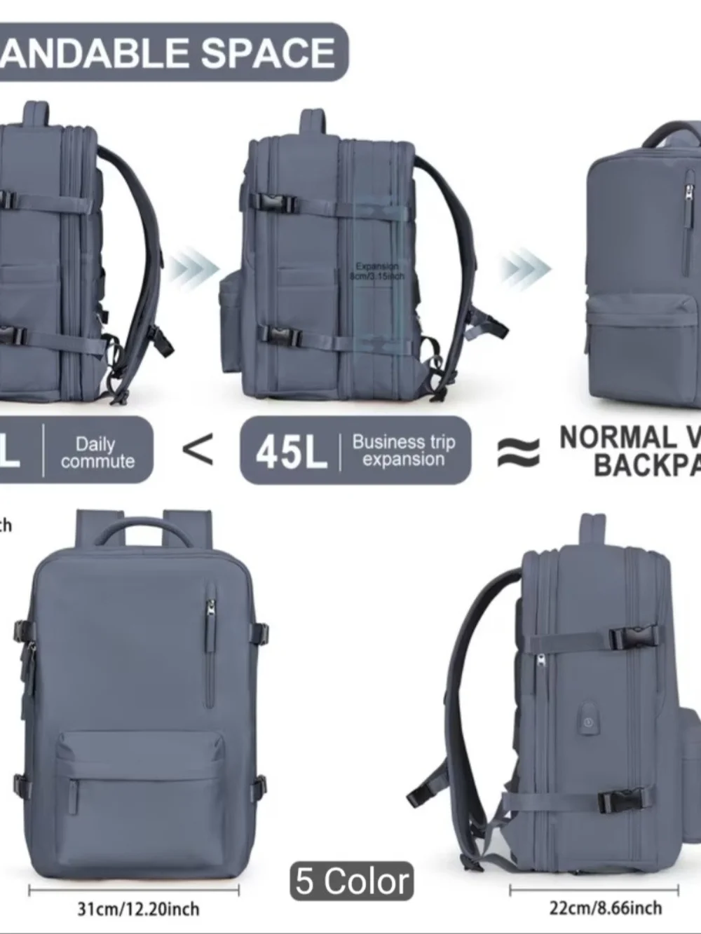 Expandable Grey Travel Backpack - 32L/45L
